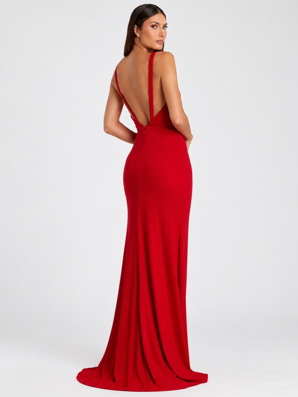 Mac Duggal Red Plunge Neck High-Slit Gown, Size 12 - NWT